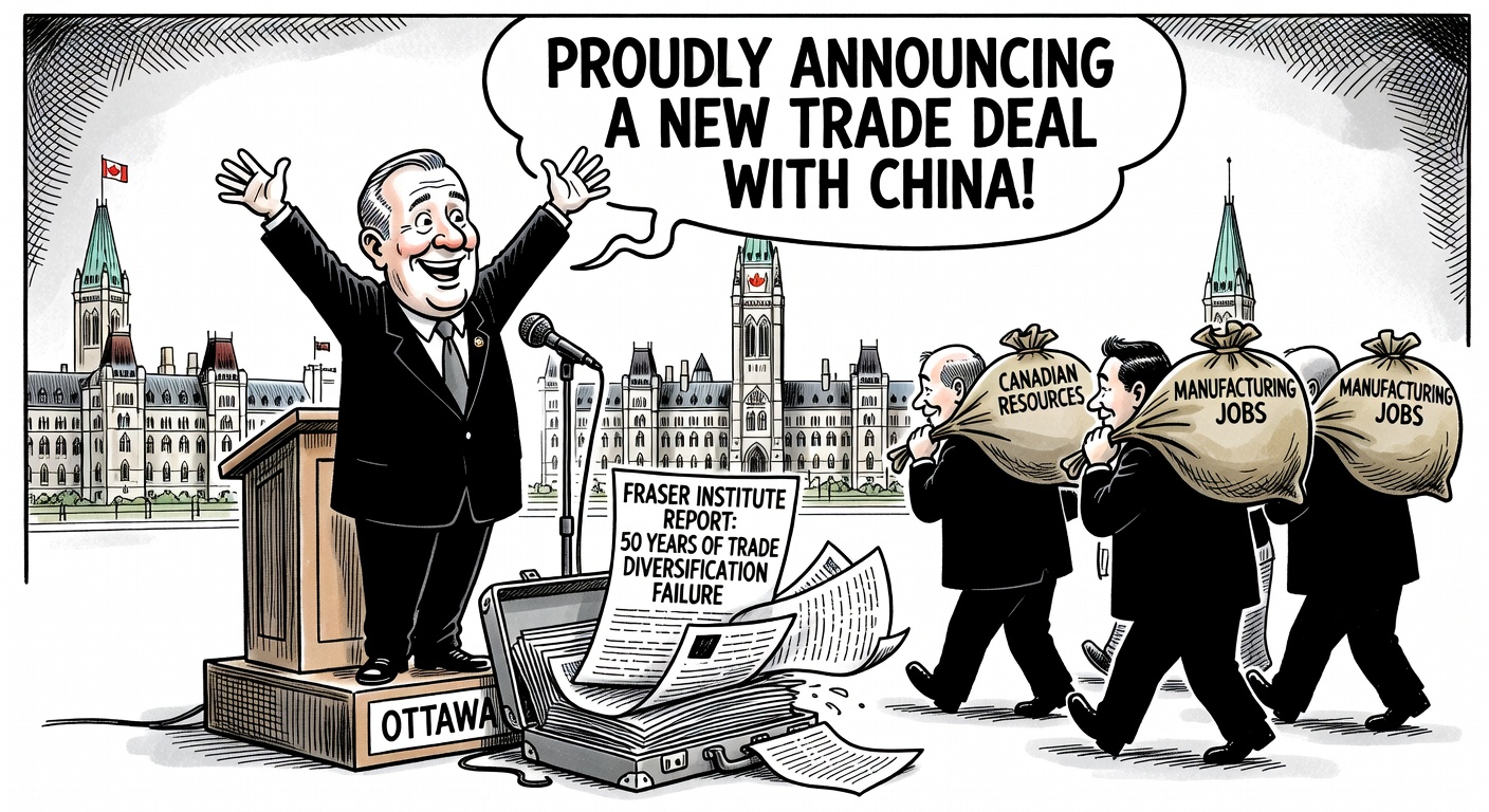 Carney announces China trade deal while a Fraser Institute report on 50 years of failure falls out of his briefcase