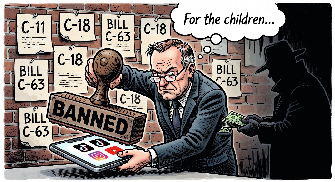 Carney with a BANNED stamp over a phone showing social media apps, C-11 and C-18 laws on wall