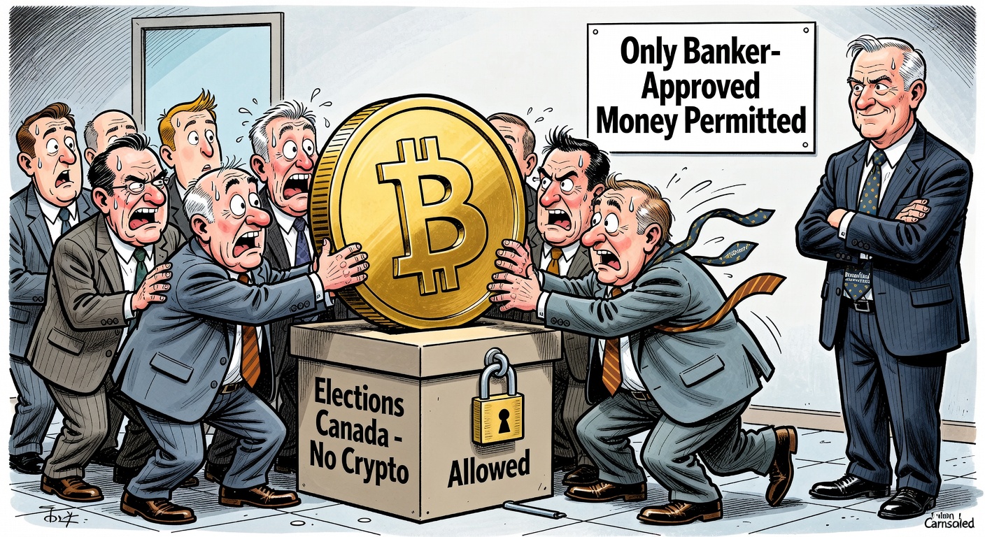 Ottawa bureaucrats stuffing Bitcoin into a locked ballot box labeled No Crypto Allowed