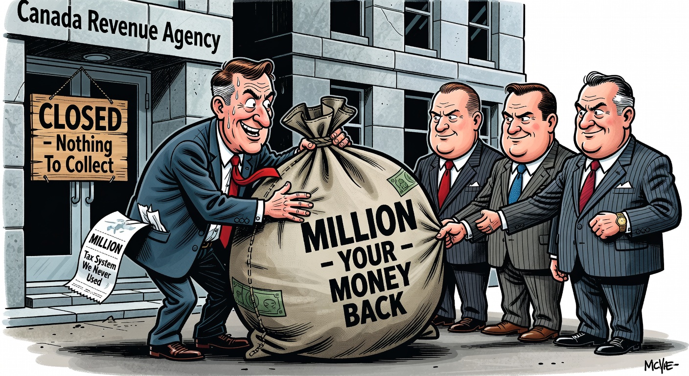 Finance Minister Champagne stands at a Fiscal Discipline podium while a $1.629 trillion debt wrecking ball swings behind him