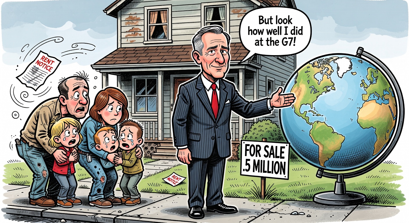 Mark Carney stands outside a $1.5M house telling a struggling family to look at how well he did at the G7