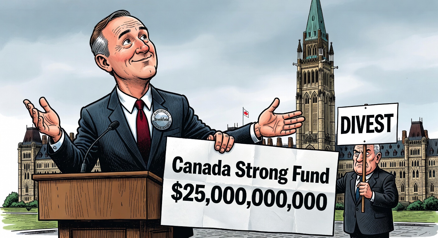 Carney at podium with $25B Canada Strong Fund check while Ethics Commissioner hands him a DIVEST notice, Brookfield badge on lapel