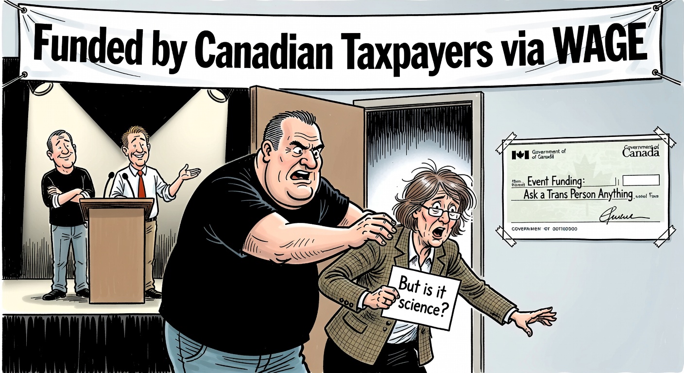 Bouncer throwing out a female professor from a taxpayer-funded trans event with government cheque on the wall