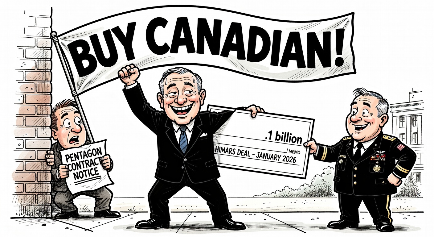 Carney waves Buy Canadian banner out front while secretly handing a $1.1 billion HIMARS deal cheque to a Pentagon official behind his back