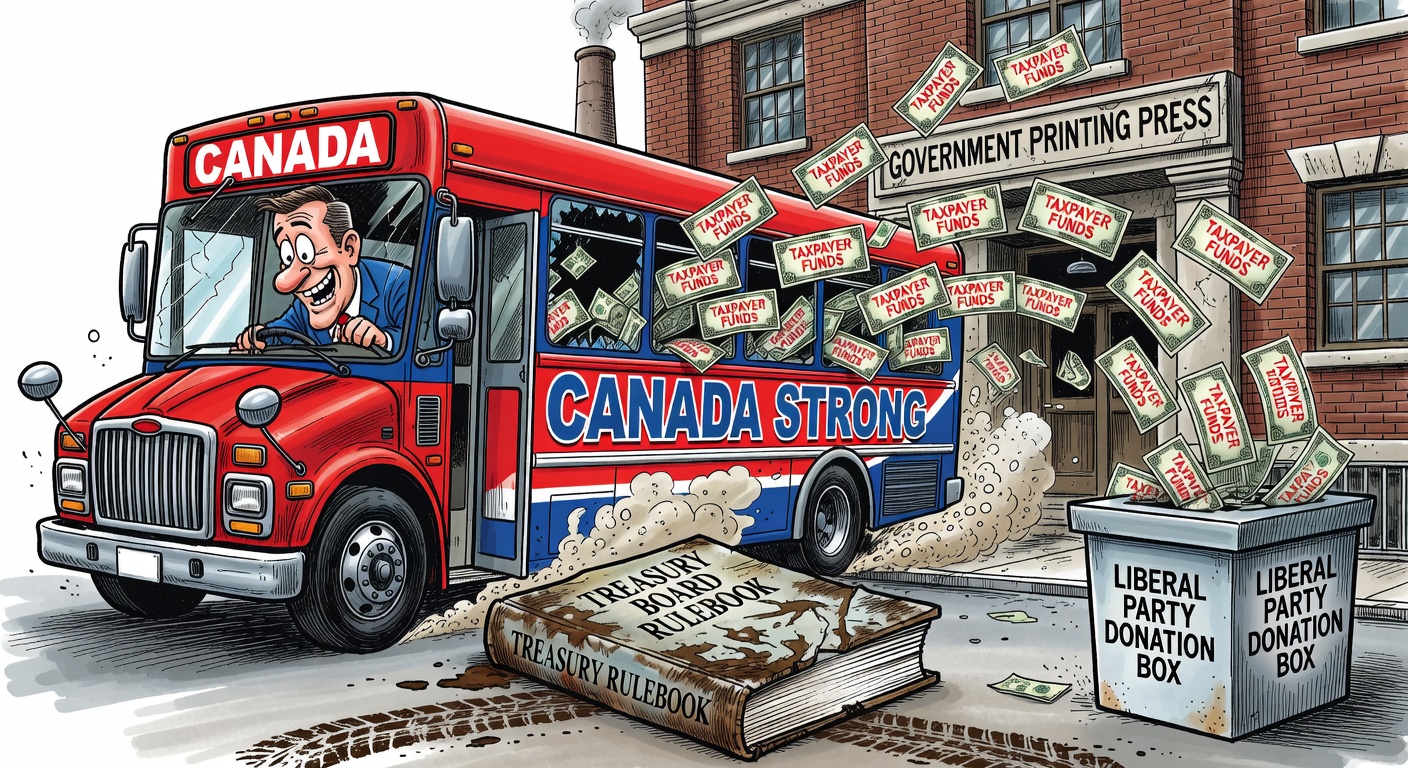 Liberal campaign bus labelled Canada Strong driving into a government printing press, taxpayer dollars flying into Liberal party donation box, Treasury Board rulebook crushed under tires