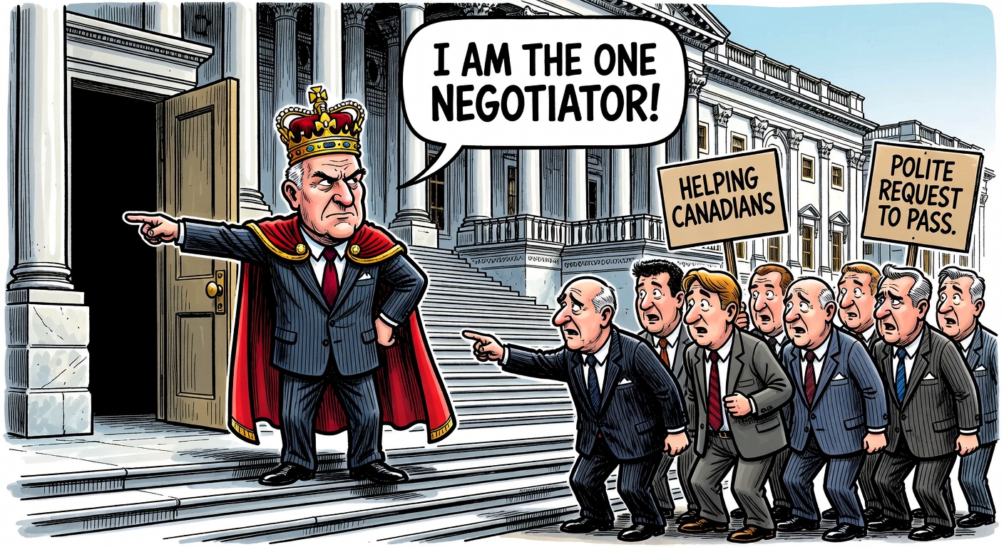 Mark Carney as self-appointed king blocking Conservative MPs from entering US Capitol, declaring he is the one negotiator for Canada