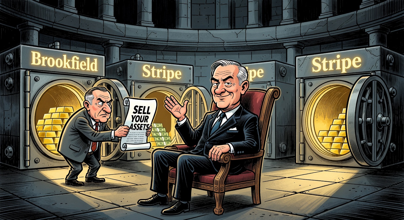 Mark Carney surrounded by Brookfield and Stripe vaults while parliament ethics committee member hands him a SELL YOUR ASSETS report he dismisses