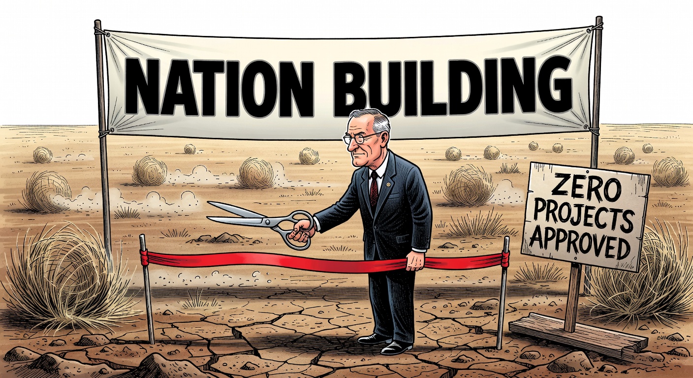 Mark Carney cutting ribbon in front of empty field — zero nation-building projects approved
