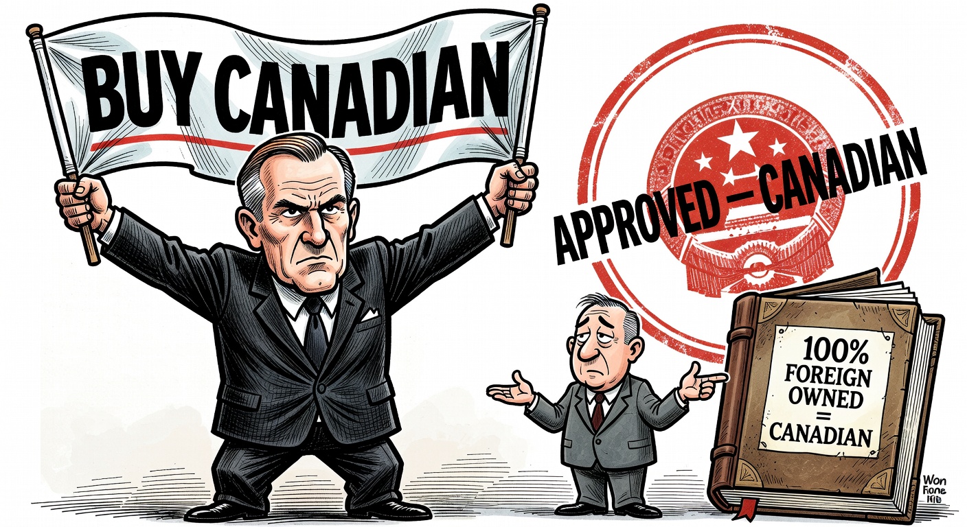 Mark Carney holds Buy Canadian banner while the Bank of China is stamped APPROVED CANADIAN