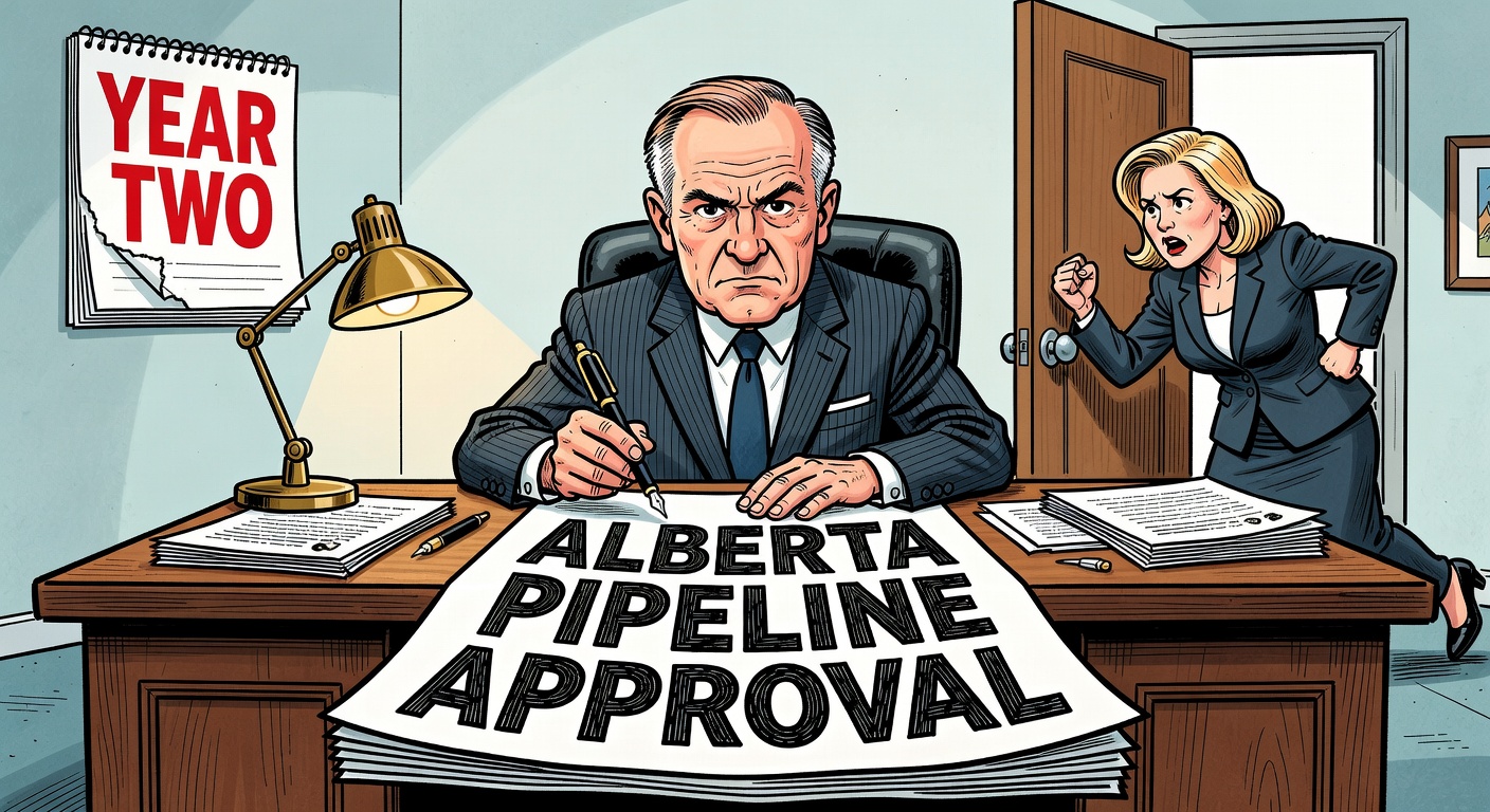 Carney stares at unsigned Alberta Pipeline approval document — Year Two calendar on wall, Alberta Premier knocking at door