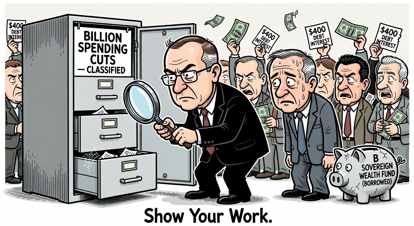 Carney standing in front of a giant empty filing cabinet labelled '$60 Billion Spending Cuts' while Parliamentary Budget Officer looks on with magnifying glass and shrugs