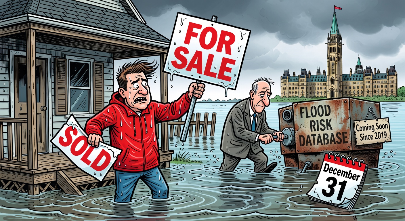 A young Canadian homebuyer standing on the porch of an underwater bungalow holding a giant 'For Sale' sign, while a federal Public Safety bureaucrat slowly hand-cranks a rusty machine labelled 'Flood-Risk Database — Coming Soon Since 2019', a December 31 calendar page floating away on the rising water