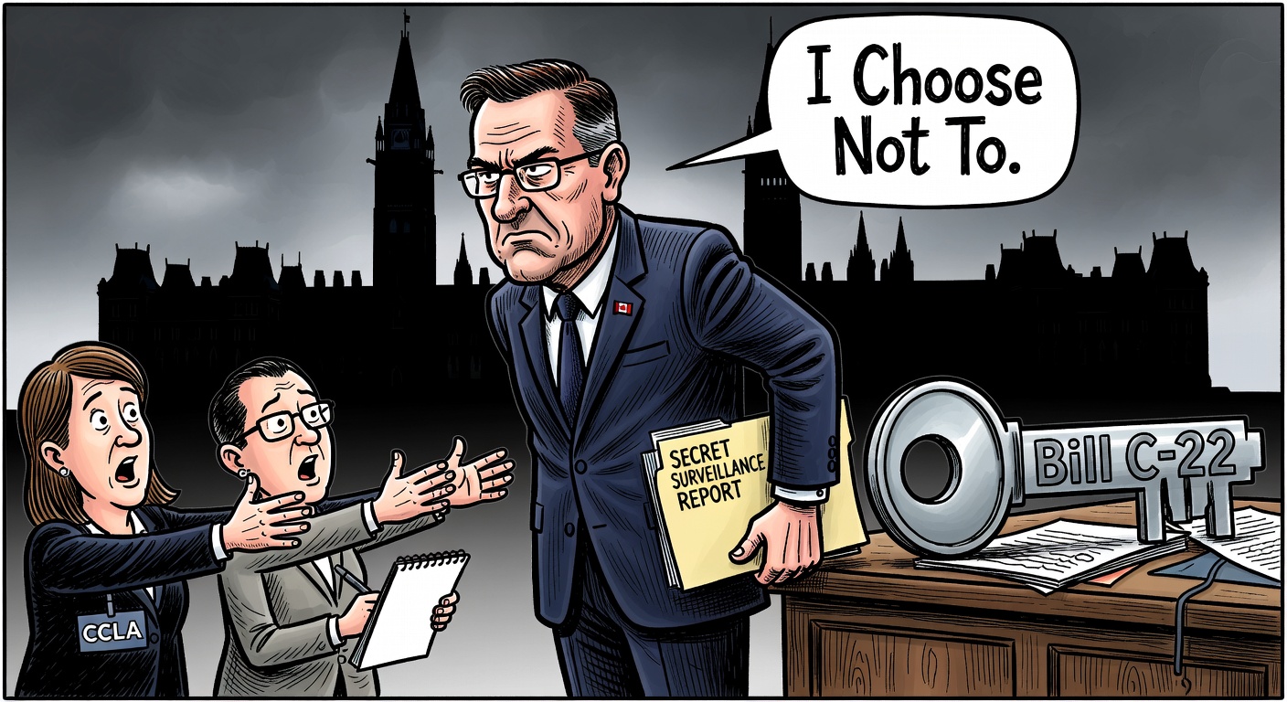 Liberal minister hiding a folder labelled 'Secret Surveillance Report' behind his back while handing police a giant skeleton key labelled 'Bill C-22 — Trust Us'