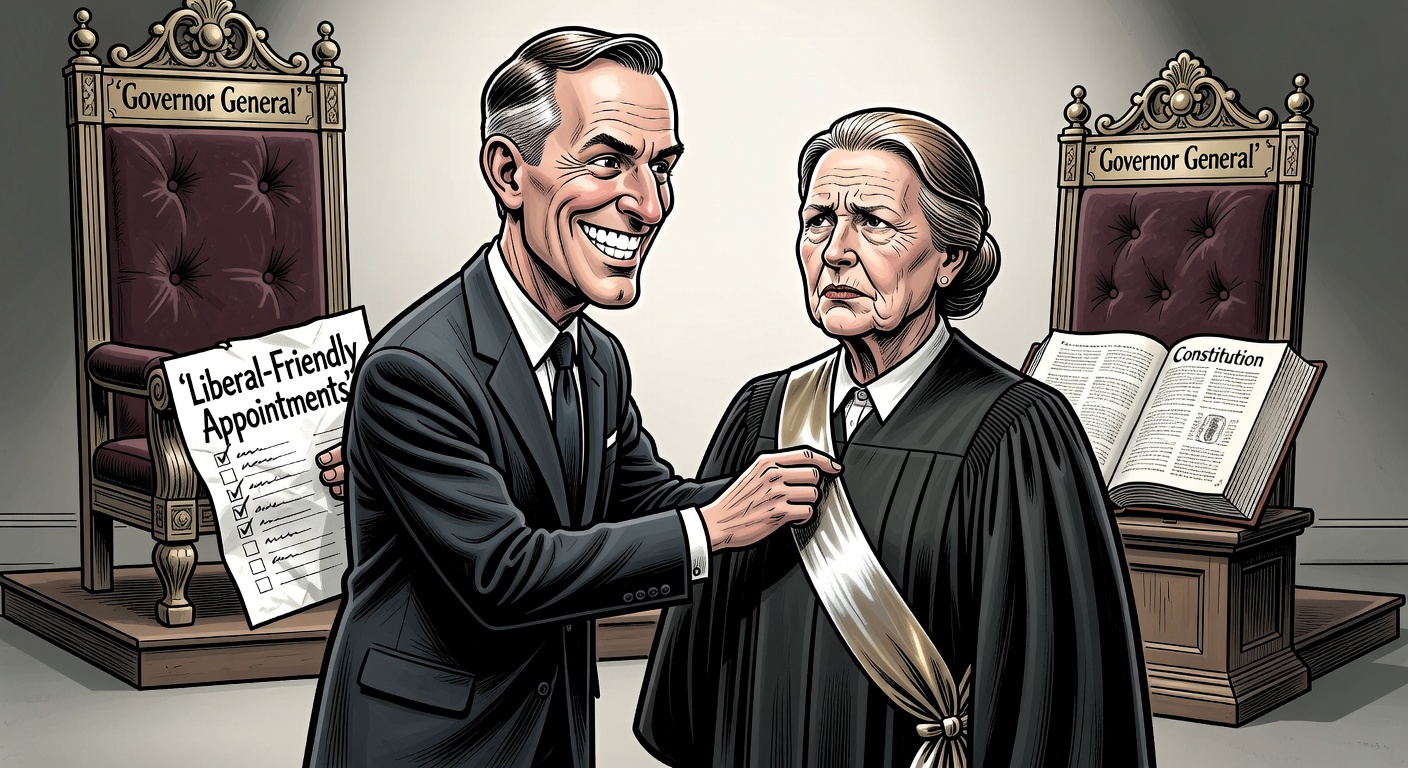 Carney pins a 'Governor General' sash on Louise Arbour while holding a checklist titled Liberal Allies — Constitutional Roles