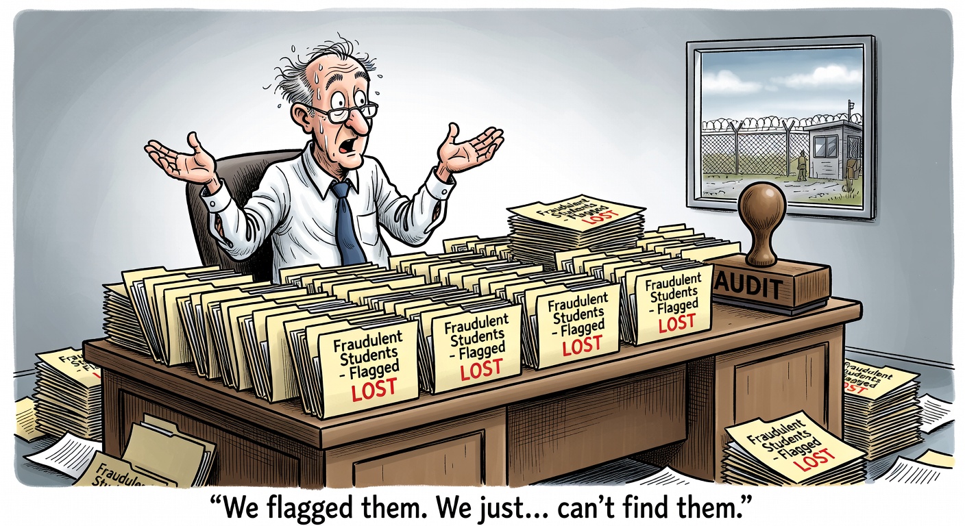 Immigration bureaucrat shrugs at 800 empty file folders labeled Fraudulent Students — Gone, while a giant IRCC AUDIT stamp sits on a pile of unfiled papers