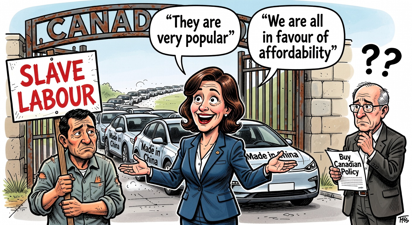 Industry Minister Mélanie Joly opening Canada's gates to a parade of Chinese-made EVs while a Uyghur worker holds a slave-labour sign behind her, with Carney holding a confused Buy Canadian Policy document