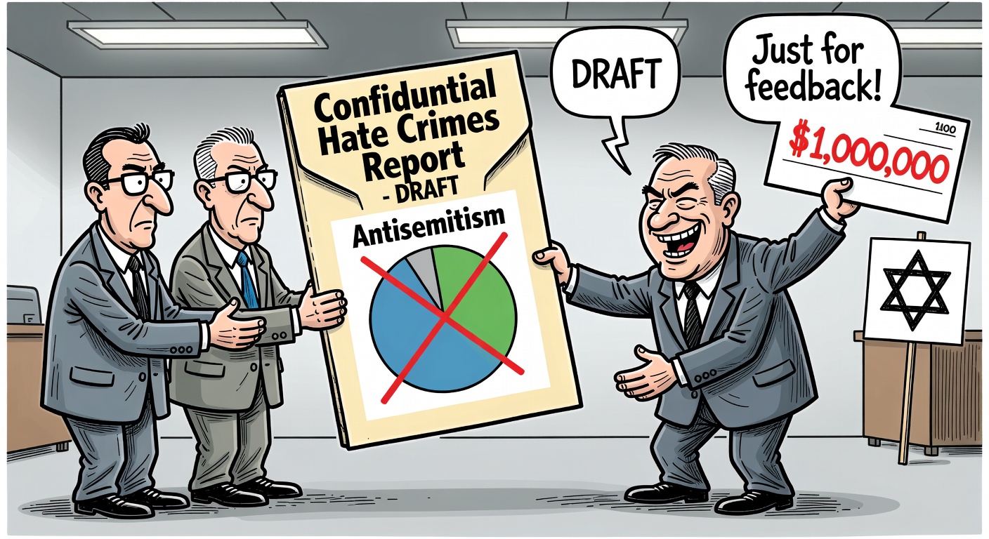 Statistics Canada bureaucrats handing a confidential draft hate crimes report to Heritage Minister Marc Miller for $72,000, with the antisemitism section of the report visibly diminished