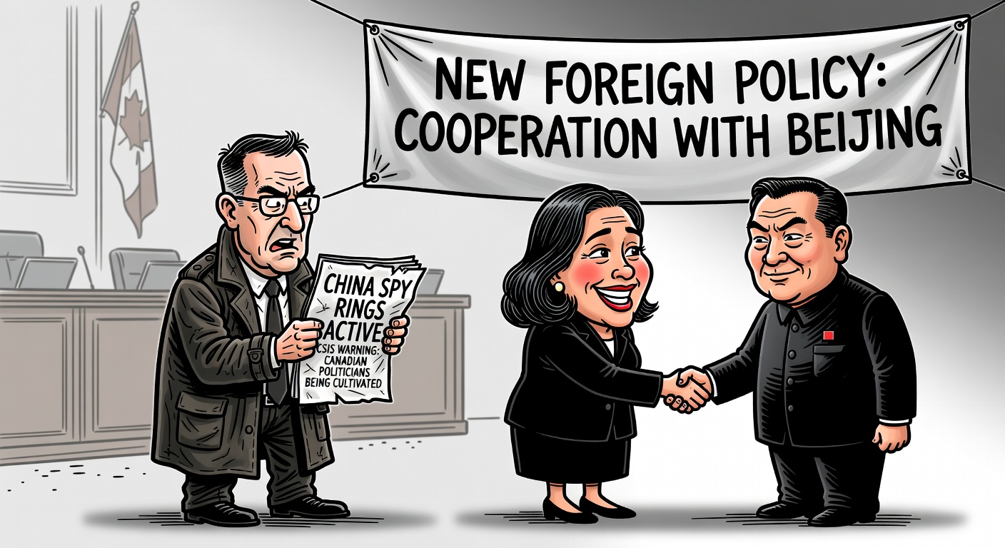 CSIS officer holds China Spy Rings Active warning report while Foreign Minister Anita Anand smiles handshake with CCP official under banner reading New Foreign Policy: Cooperation with Beijing
