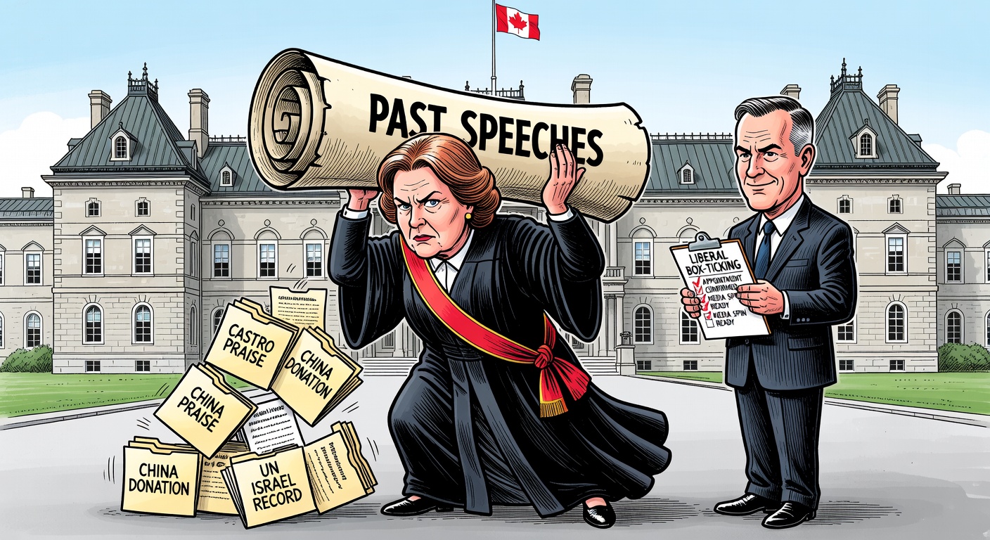 Louise Arbour in vice-regal robes holds a rolled scroll labelled 'Past Speeches' next to a crowned podium, while small folders marked 'Castro praise', 'China donation', and 'UN Israel record' tumble out at her feet, Mark Carney standing nearby checking a Liberal box-ticking clipboard