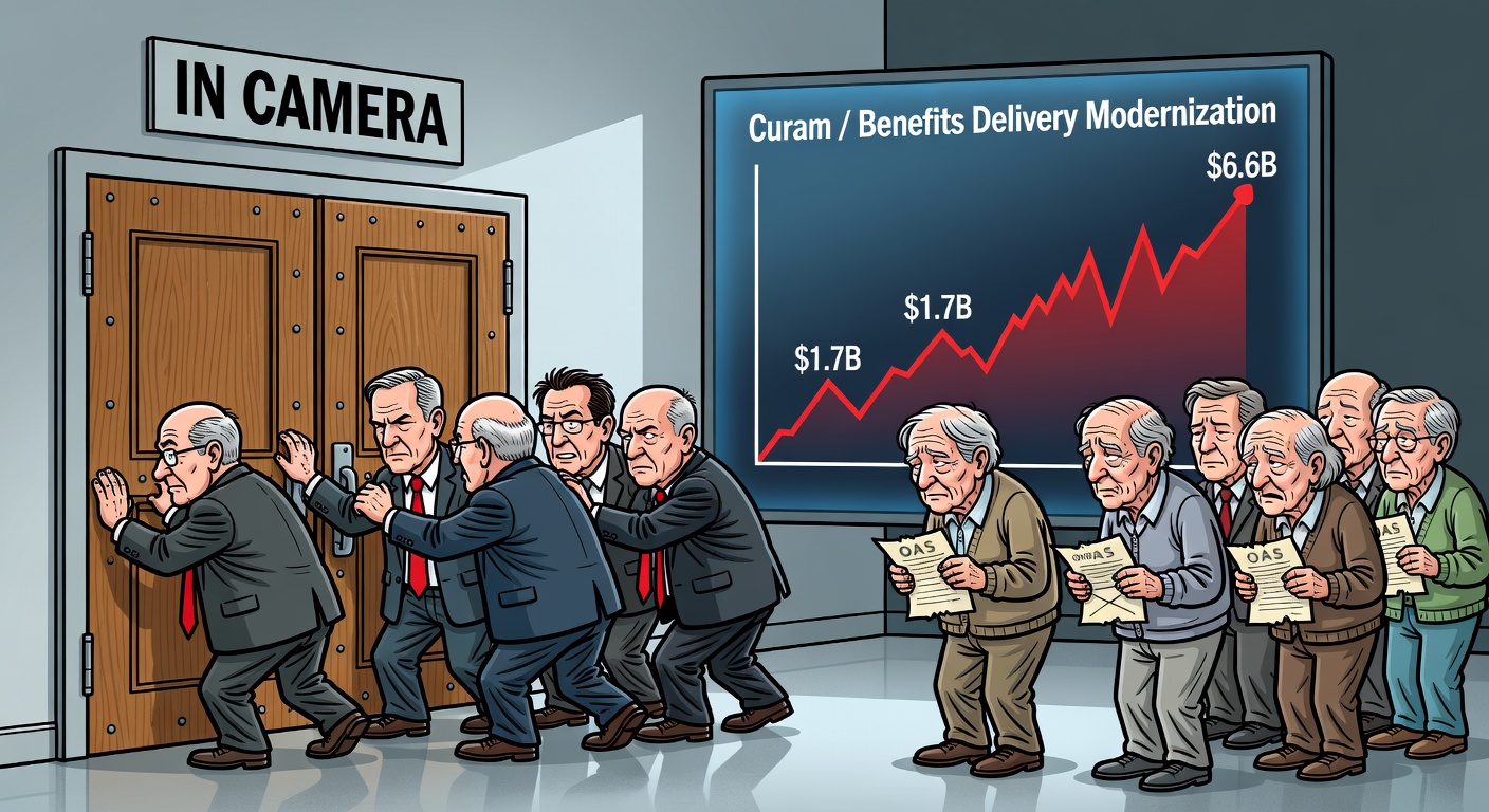 Political cartoon of Liberal MPs shutting committee doors while seniors wait outside a $6.6B benefits IT project