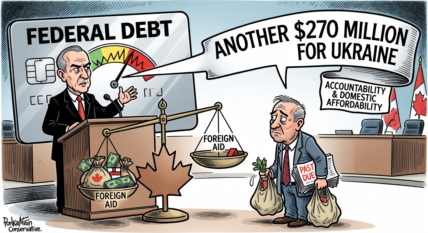 Political cartoon of Mark Carney announcing Ukraine aid beside a federal debt credit card while taxpayers hold grocery and rent bills