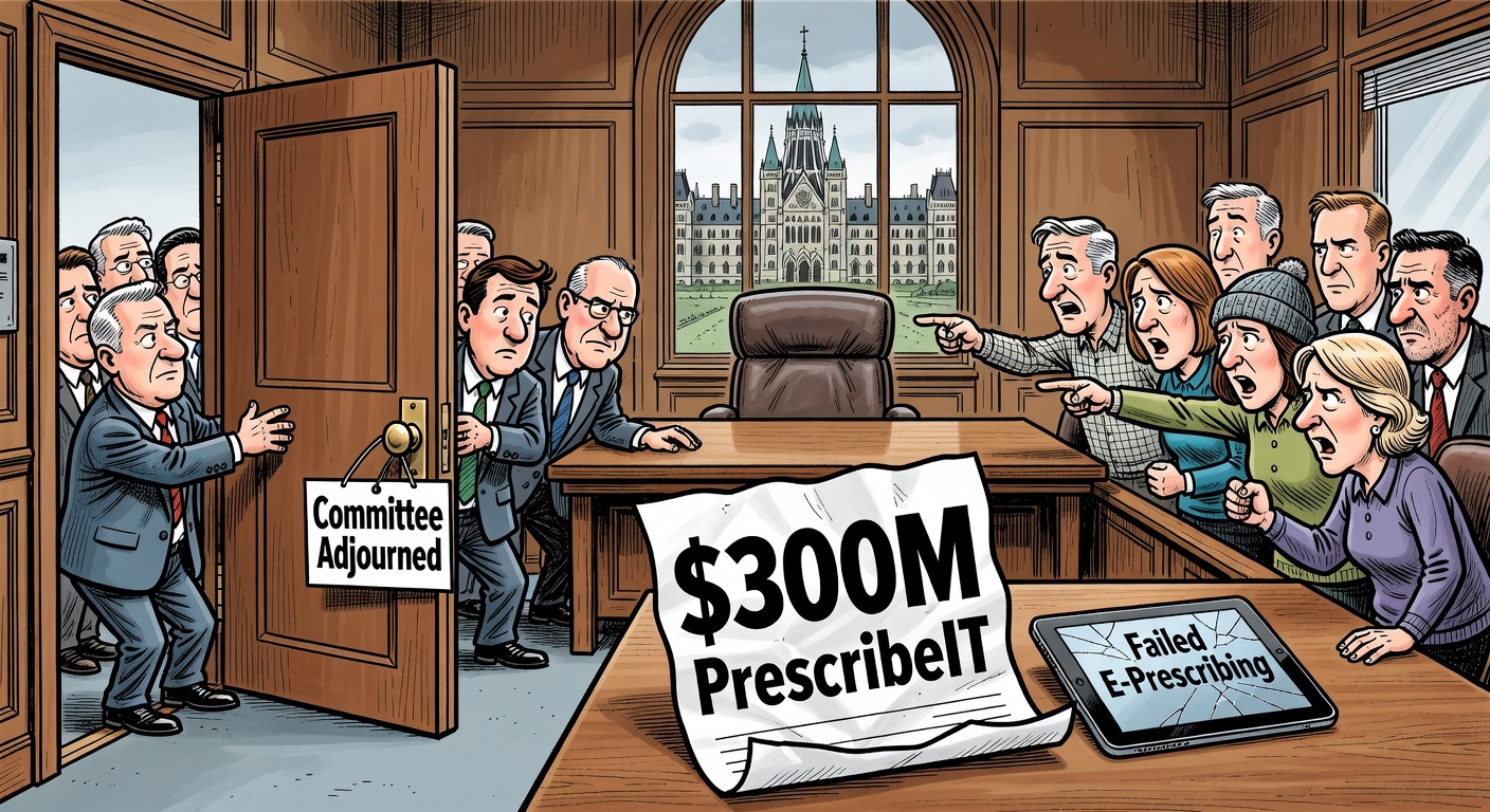 Political cartoon of Liberal MPs closing a committee door while taxpayers hold a $300M PrescribeIT receipt