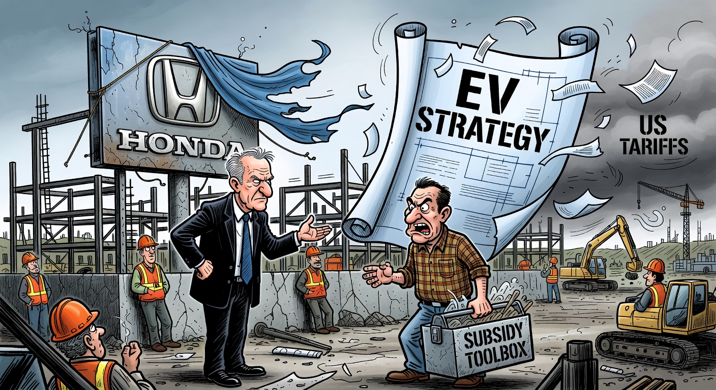 Political cartoon of Mark Carney beside an abandoned Ontario EV factory construction site as the EV strategy blows away