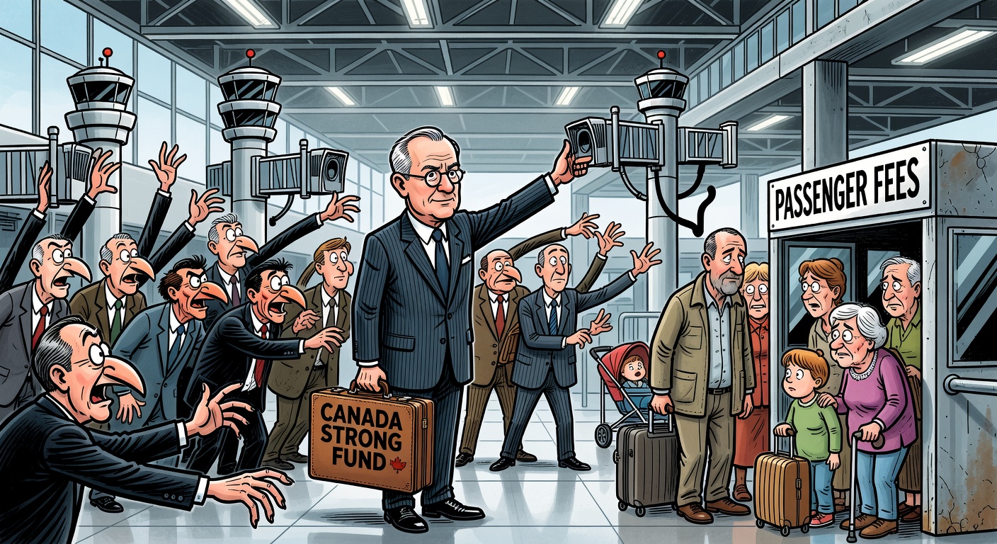 Political cartoon of Mark Carney offering Canadian airport control towers to investors while travellers face new fees
