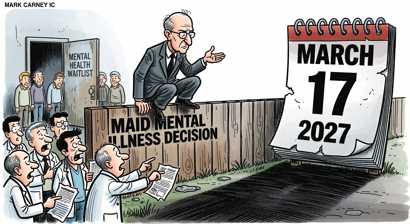 Political cartoon of Mark Carney sitting on a MAID mental illness fence while doctors warn about safeguards and a 2027 calendar looms