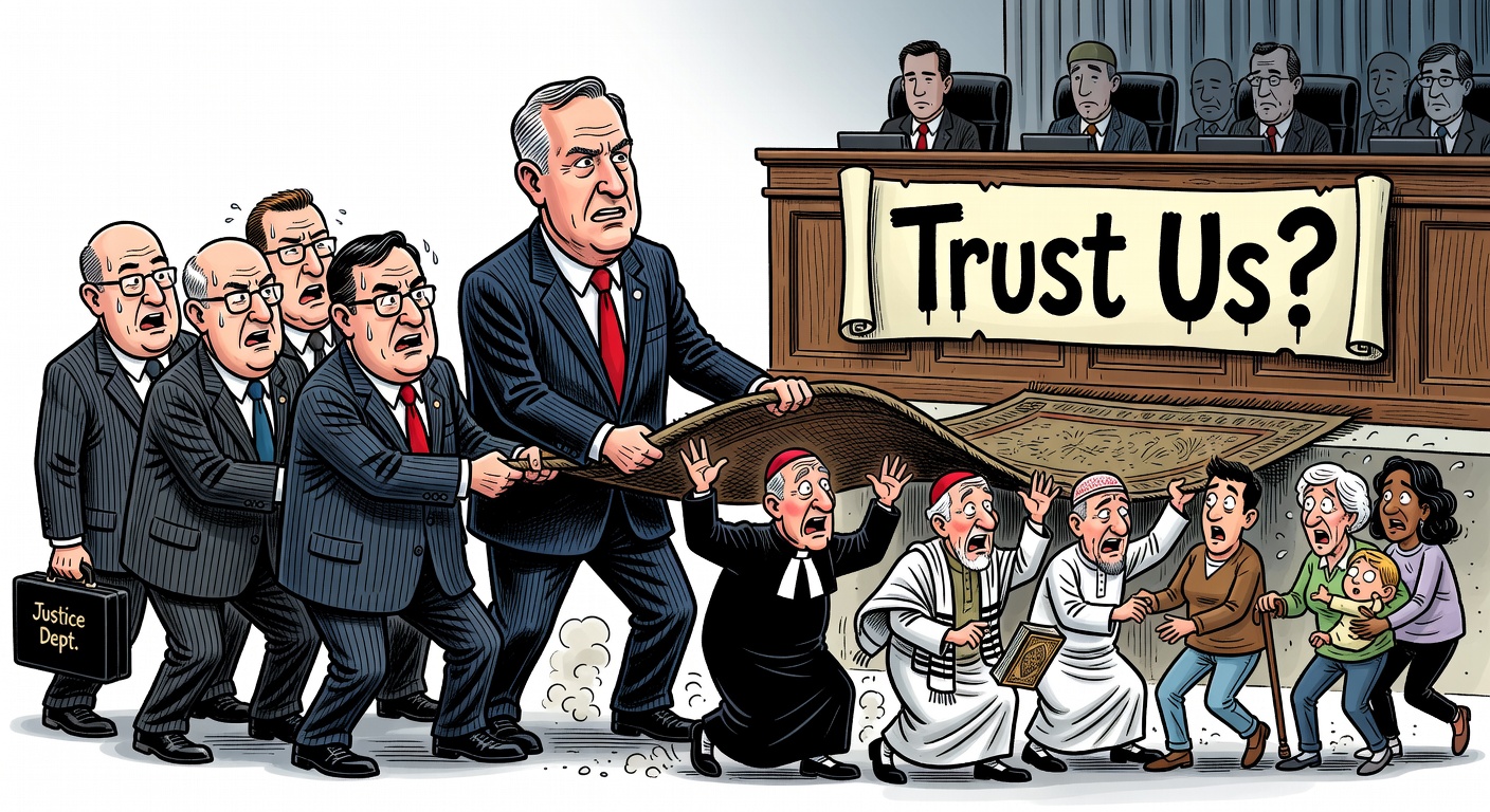 Political cartoon showing Mark Carney and Liberal officials removing a religious-text legal safeguard while religious institutions and citizens watch