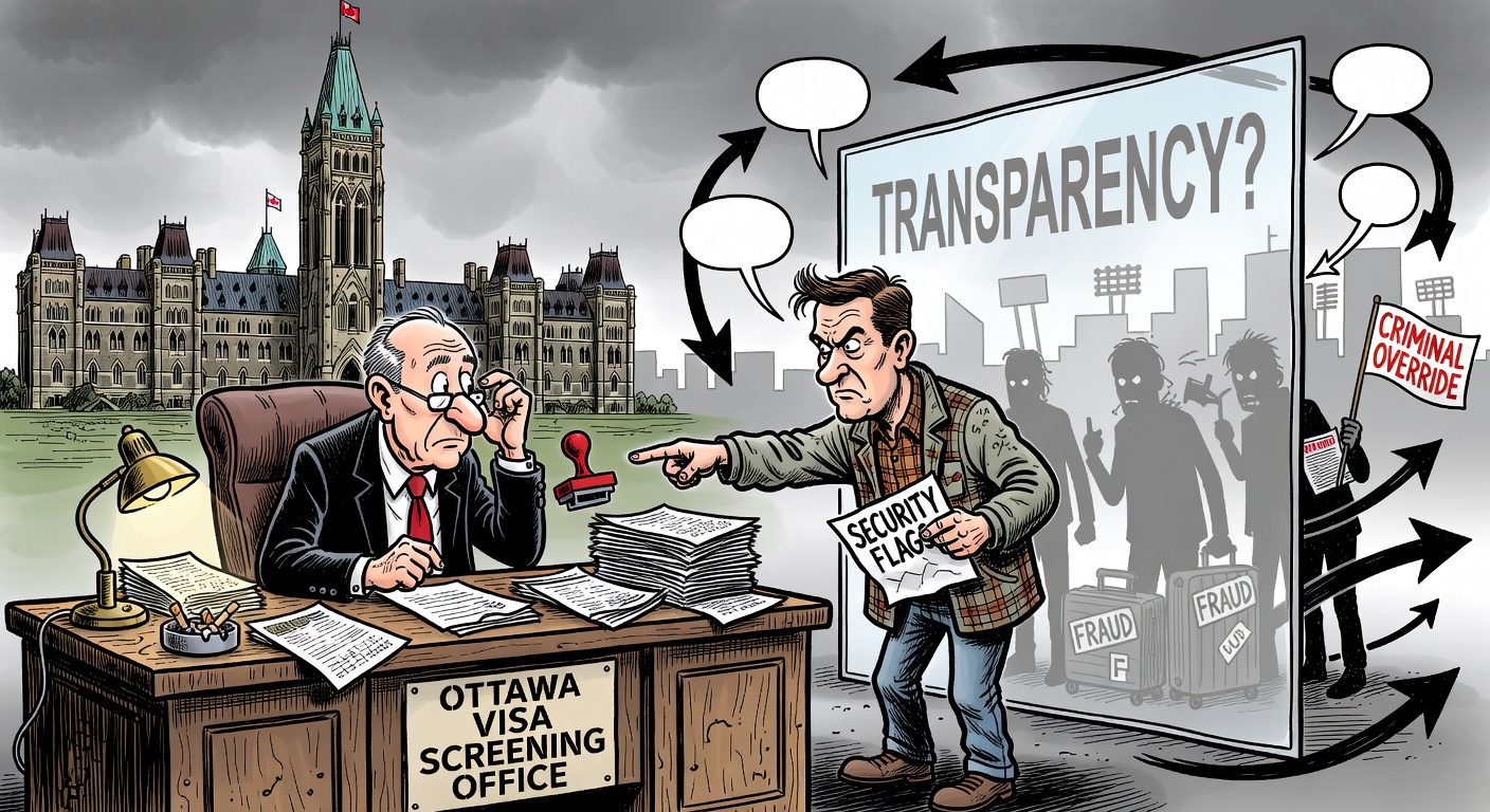 Political cartoon showing Ottawa officials shielding World Cup visa-risk numbers while fans arrive at Toronto and Vancouver stadium gates