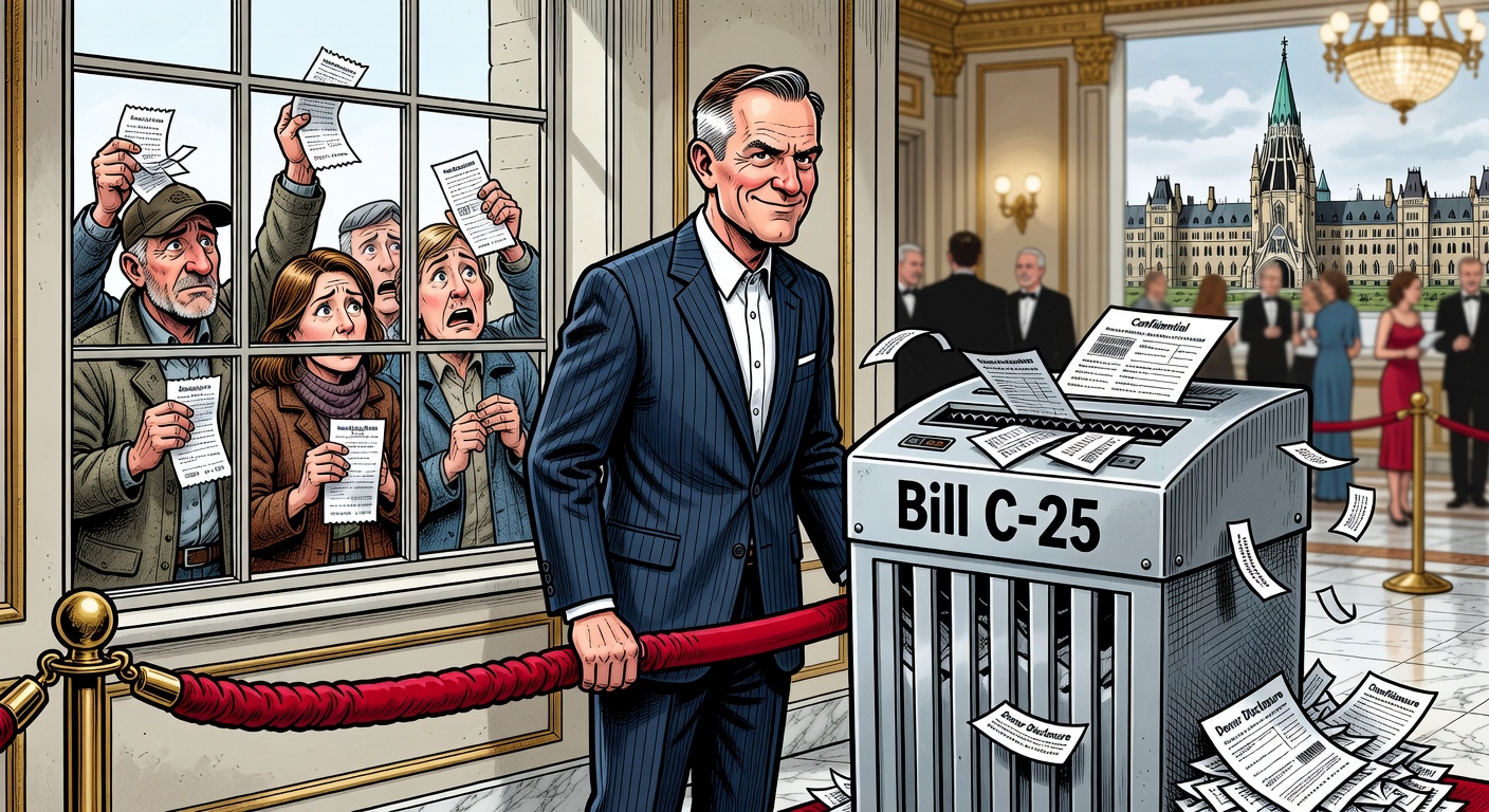 Political cartoon of Mark Carney at a velvet-rope Liberal fundraiser while Bill C-25 shreds donor disclosure forms