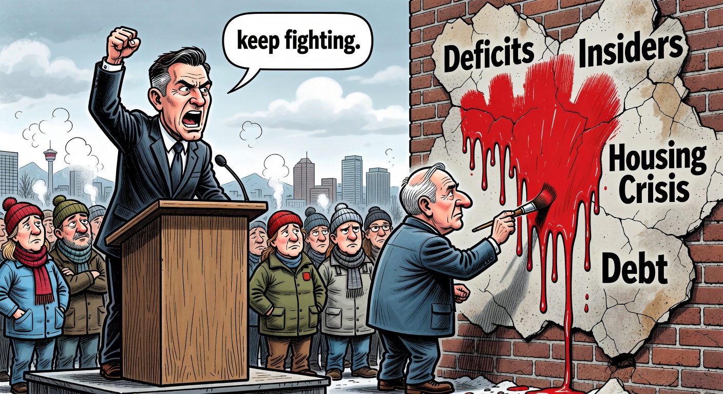 Political cartoon of Poilievre warning voters while Carney paints over an old Liberal wall labelled deficits, insiders, housing and debt
