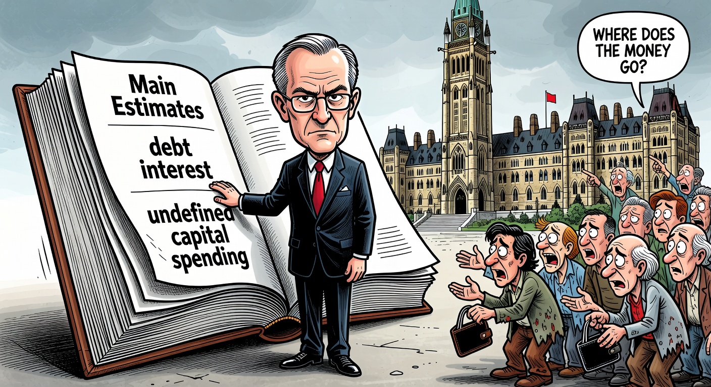 Political cartoon of Mark Carney beside a giant federal spending ledger while taxpayers and Parliament ask where the money goes