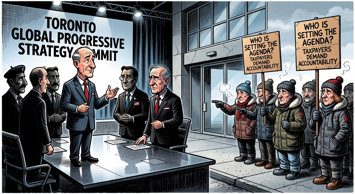 Political cartoon of Mark Carney at a global progressive summit while Canadian taxpayers ask who is setting the agenda