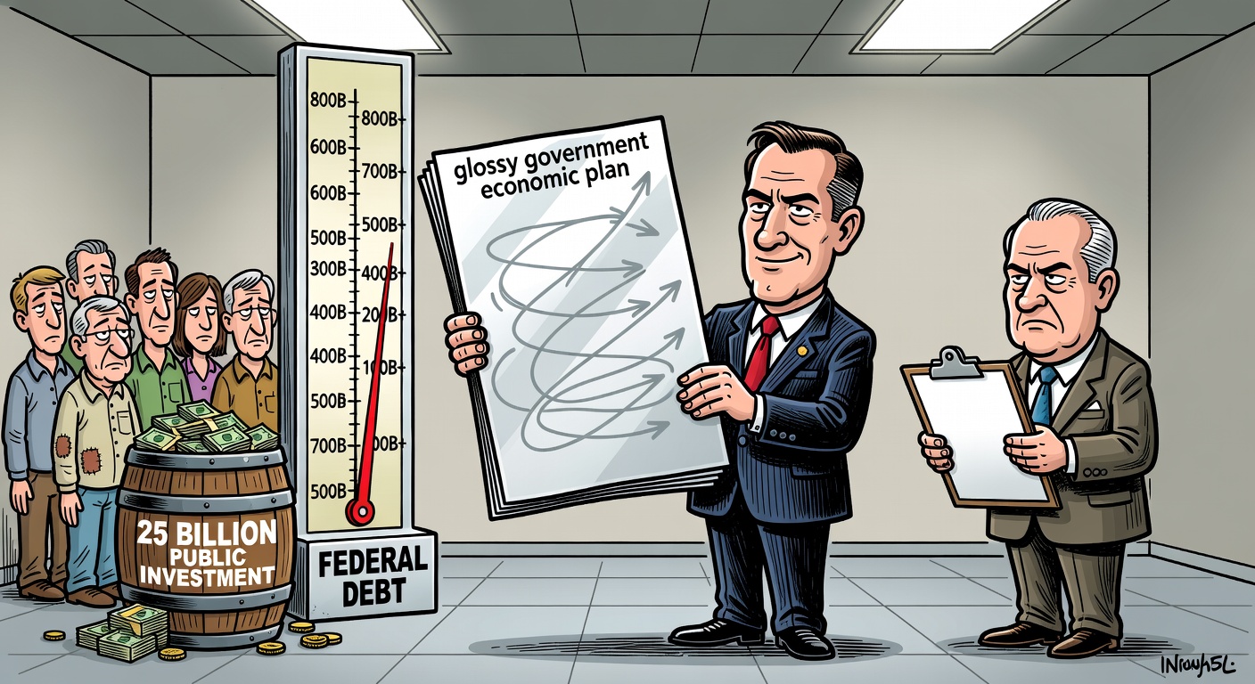 Political cartoon of Mark Carney presenting a glossy plan while the Parliamentary Budget Officer asks for details