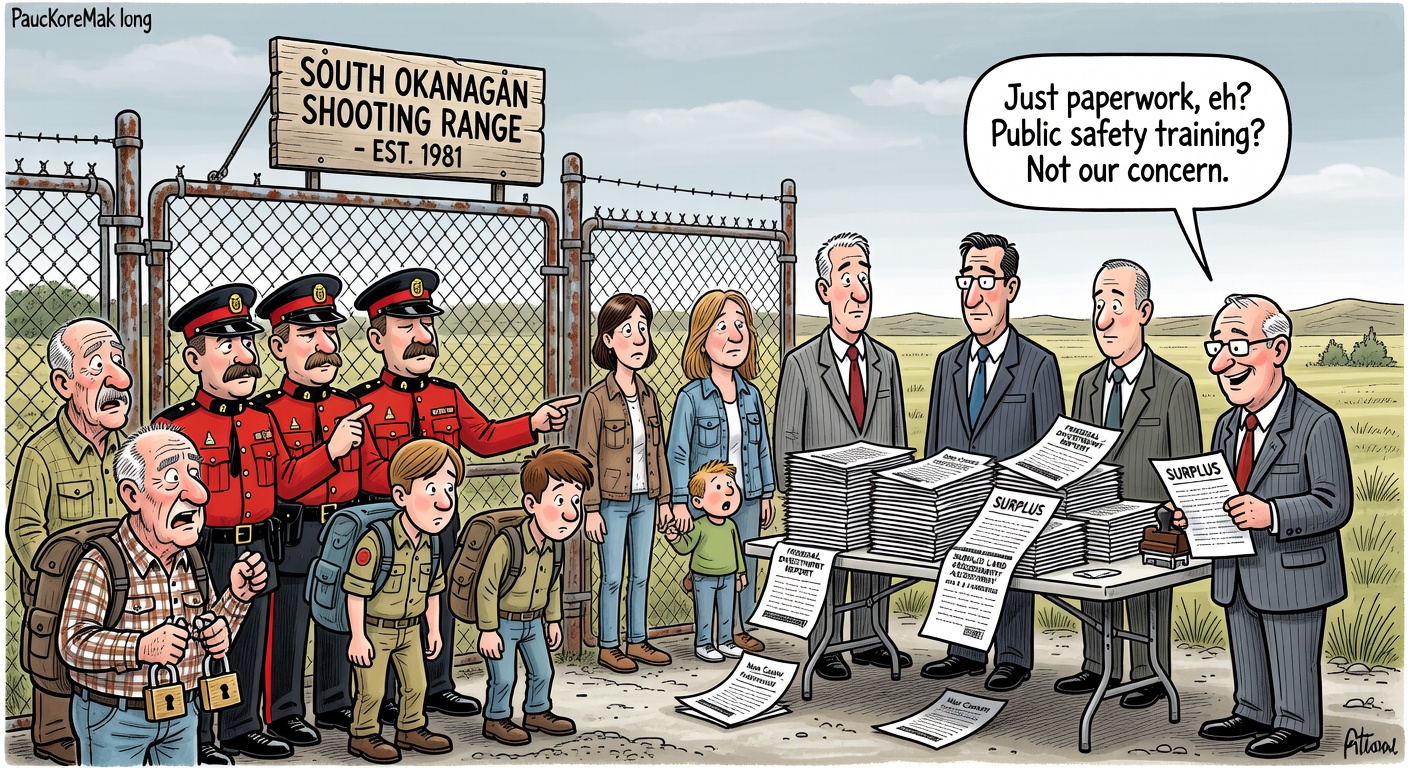Political cartoon showing Ottawa paperwork marking a shooting range surplus while public-safety users are locked out