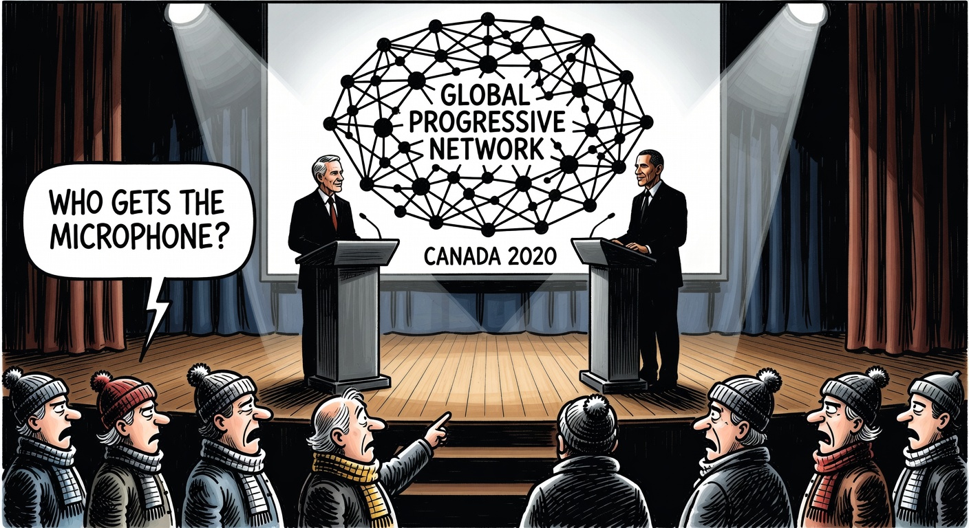 Editorial cartoon showing a Canada 2020 gala stage and a global progressive network diagram while taxpayers ask who gets the microphone
