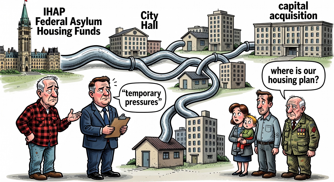 Editorial cartoon showing federal asylum housing funds flowing from Ottawa to municipalities, hotels, shelters and capital acquisition while taxpayers ask about housing accountability