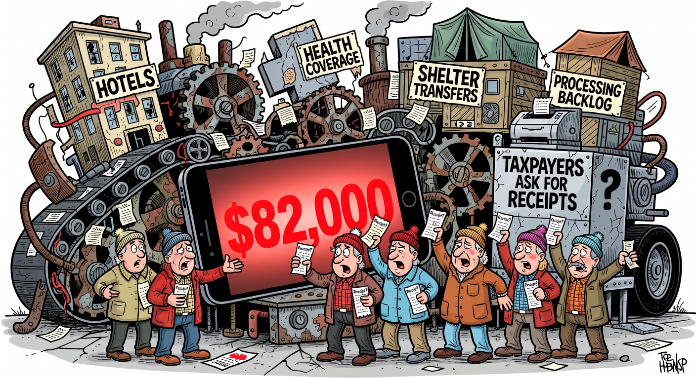 Editorial cartoon for The Viral “$82,000 Refugee” Claim Needs Receipts — Ottawa’s Asylum Costs Don’t