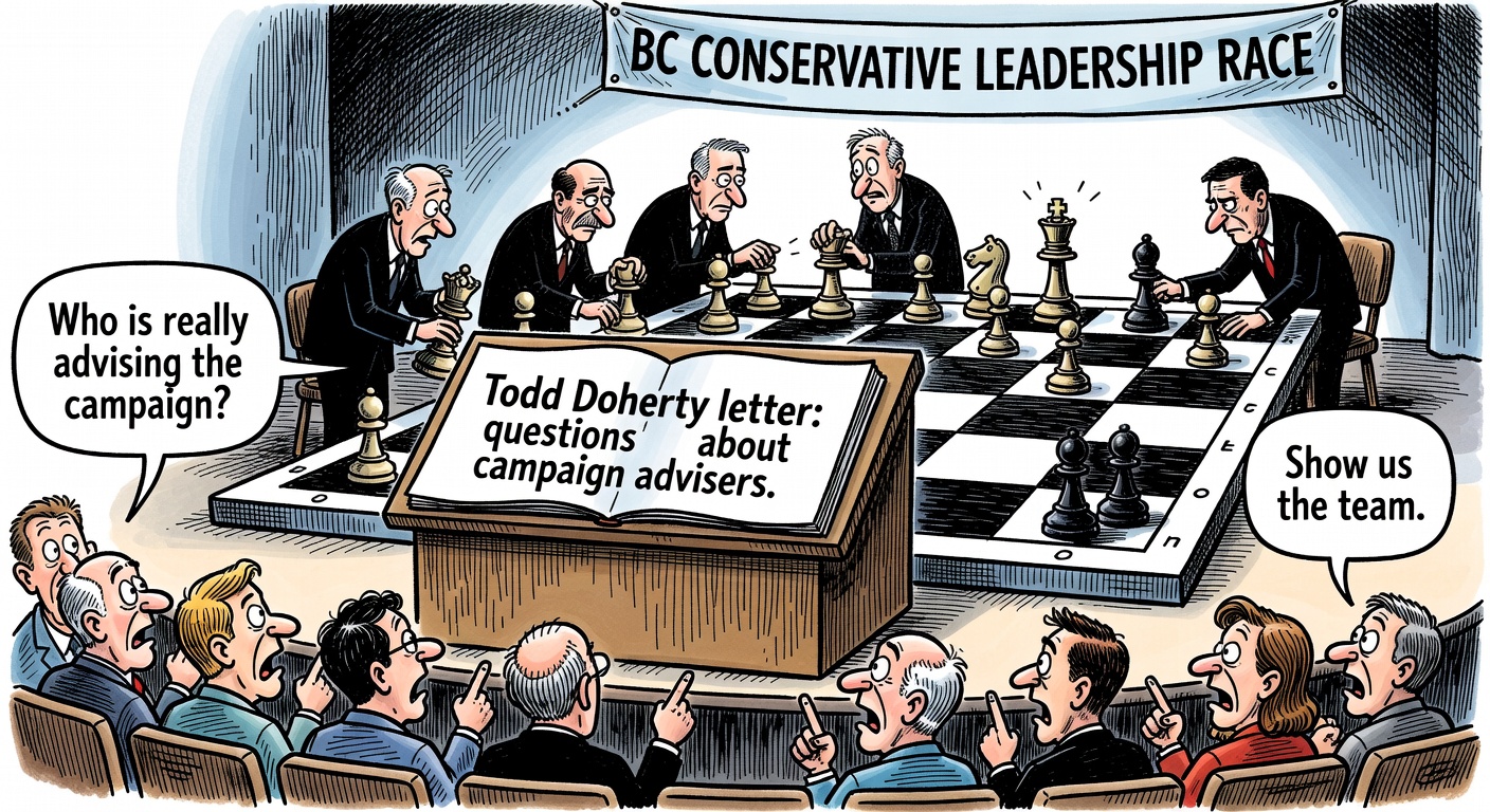 Editorial cartoon for Doherty Letter Puts Liberal-Insider Questions Inside the BC Conservative Race