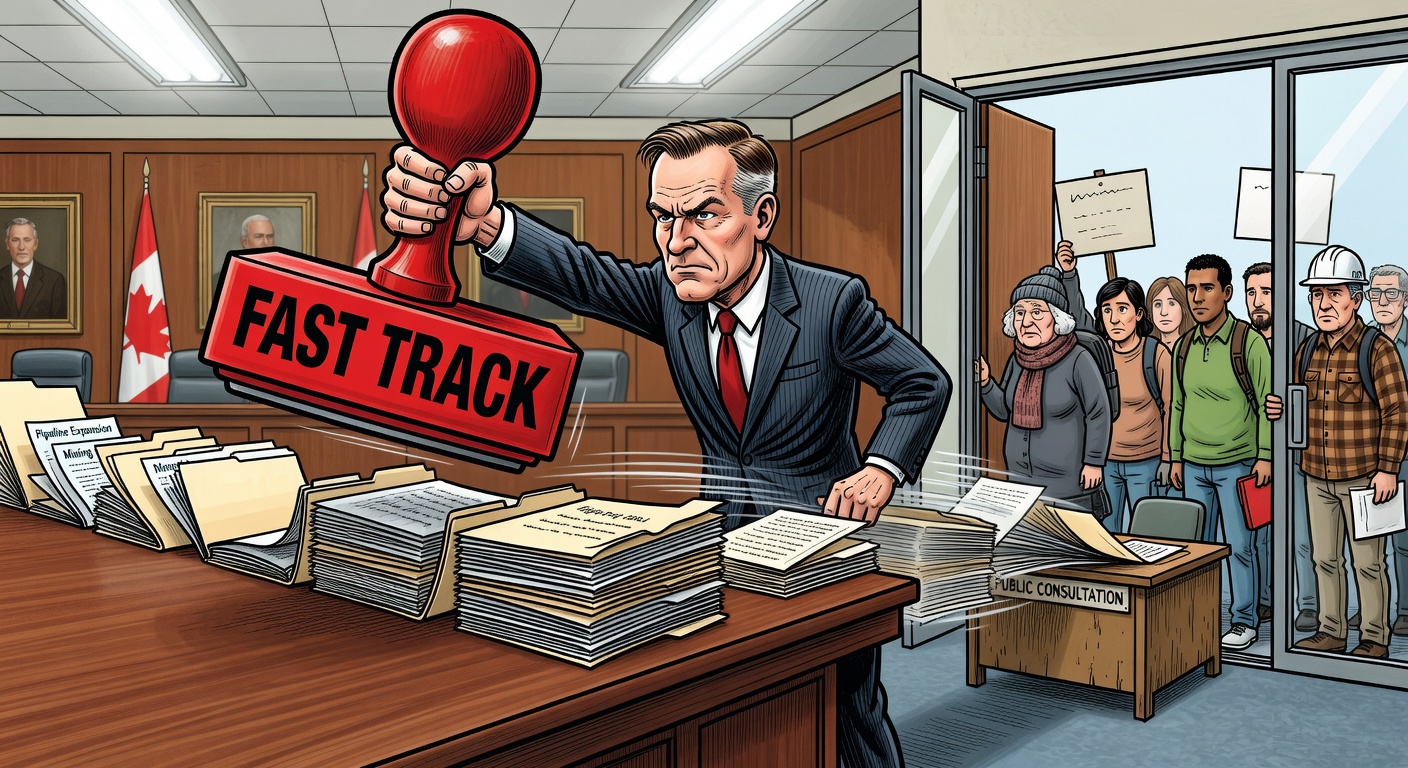 Editorial cartoon showing Ottawa fast-tracking major projects past a small public consultation desk