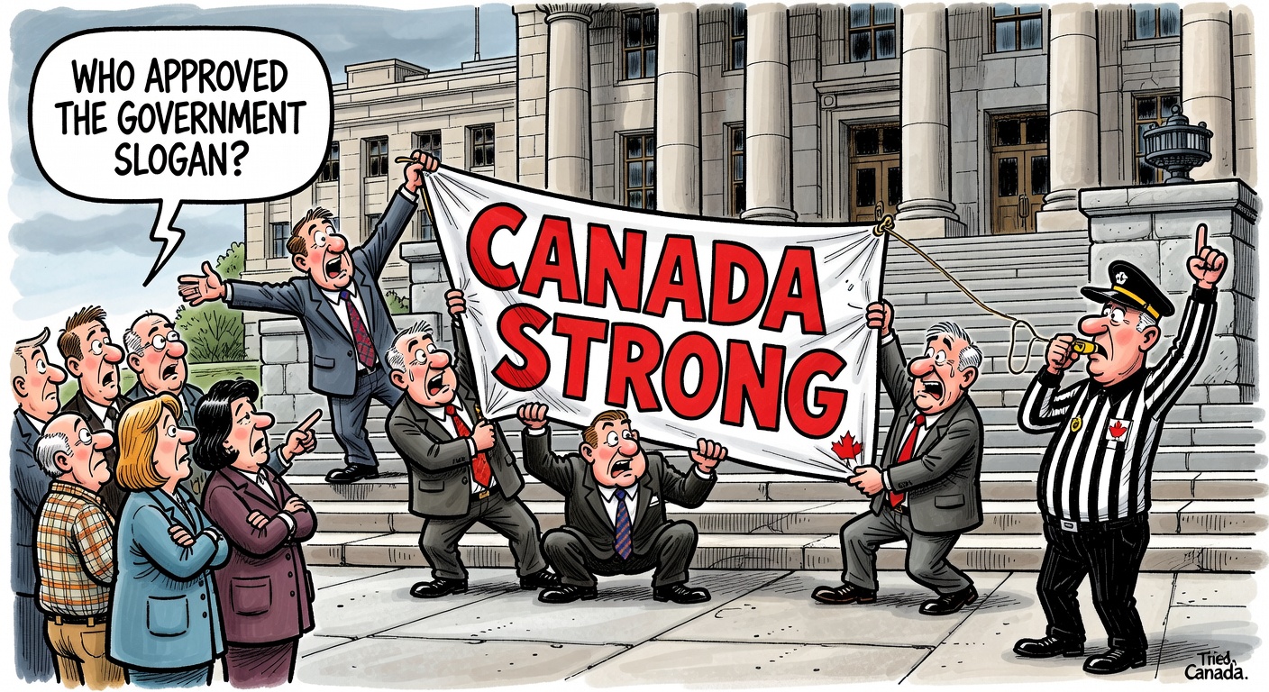 Editorial cartoon showing Ottawa officials unfurling a Canada Strong banner while a watchdog referee blows the whistle