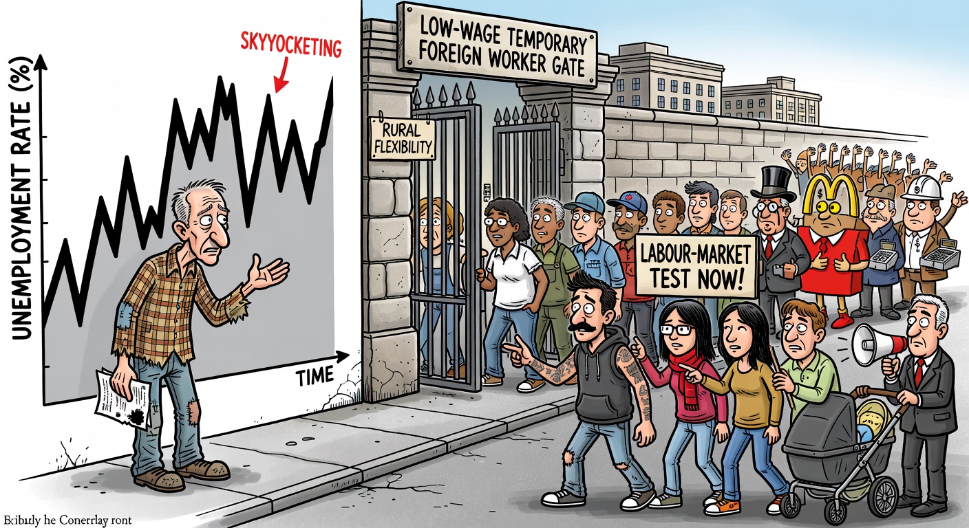Canadian workers beside unemployment chart while Ottawa opens a low-wage temporary foreign worker gate
