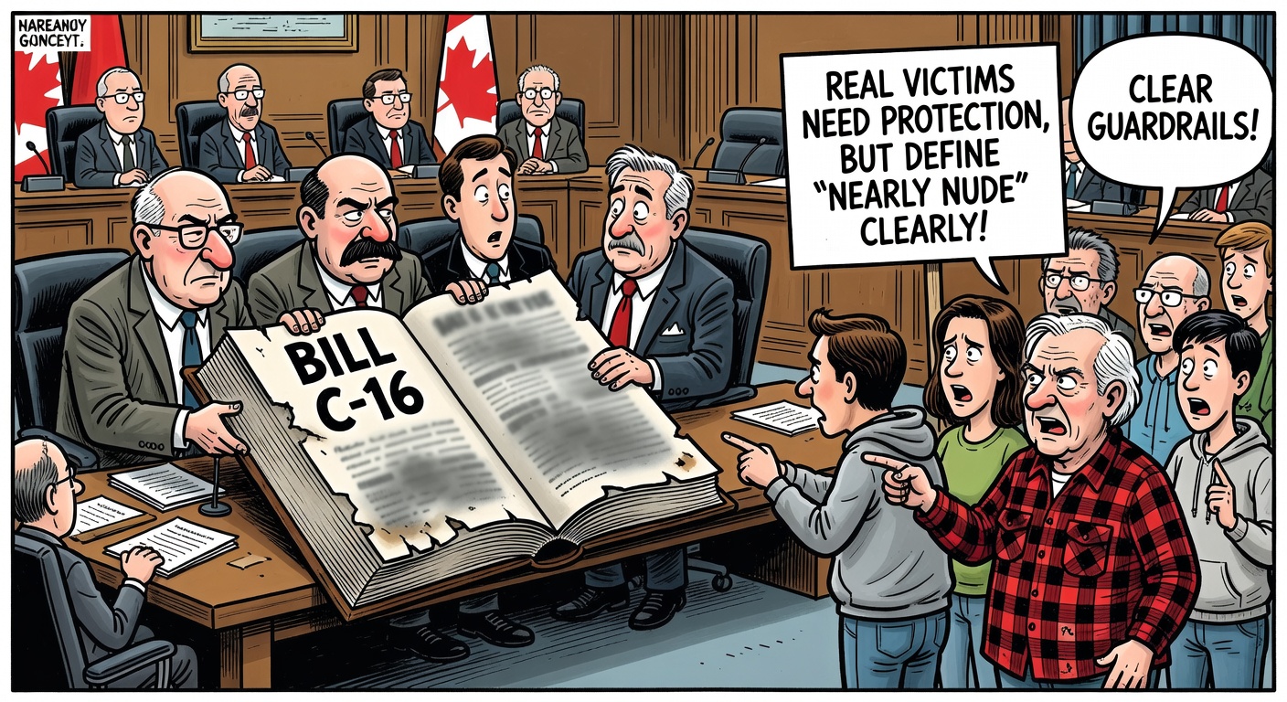 Canadian Parliament committee holding a blurry Bill C-16 rulebook while citizens ask for clear guardrails on deepfake law