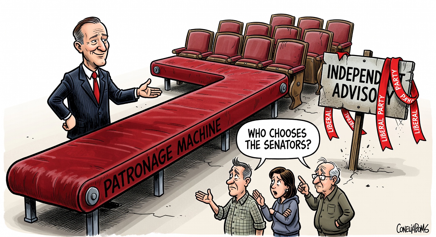 Mark Carney beside a Senate appointment conveyor belt labelled patronage machine while taxpayers ask who chooses senators