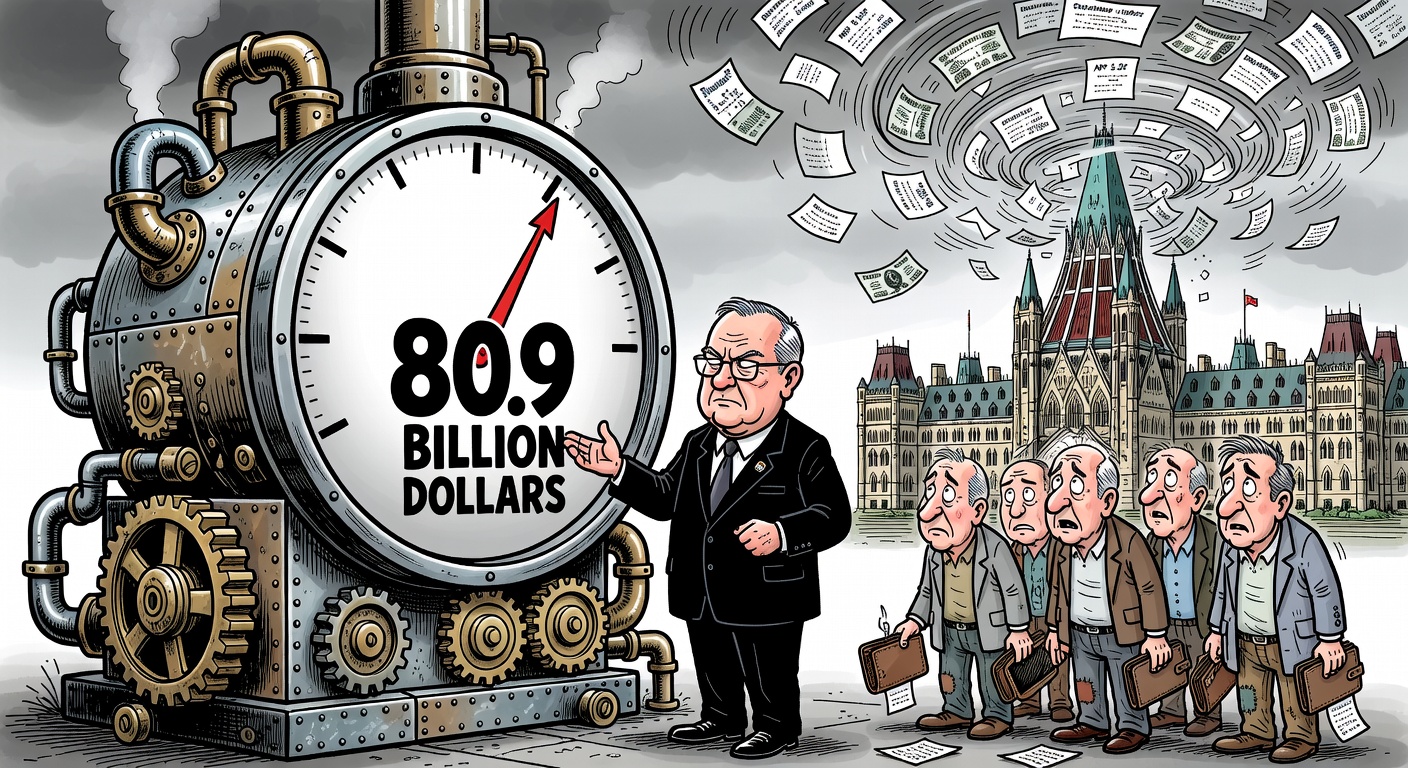 Mark Carney standing beside a giant federal debt-interest meter rising toward 80.9 billion dollars while taxpayers hold empty wallets