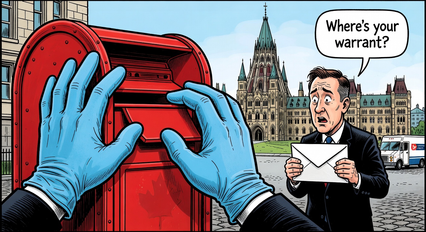 A Canadian mailbox being opened by oversized government search gloves while a citizen holds a sealed letter and asks for a warrant