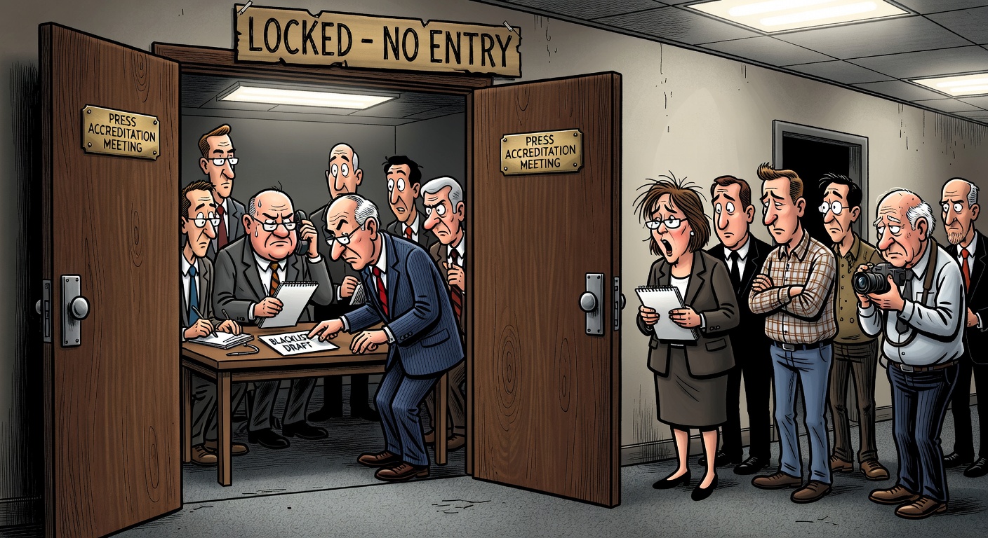 Mark Carney government staff behind a closed-door press accreditation blacklist meeting while independent reporters wait outside a locked room