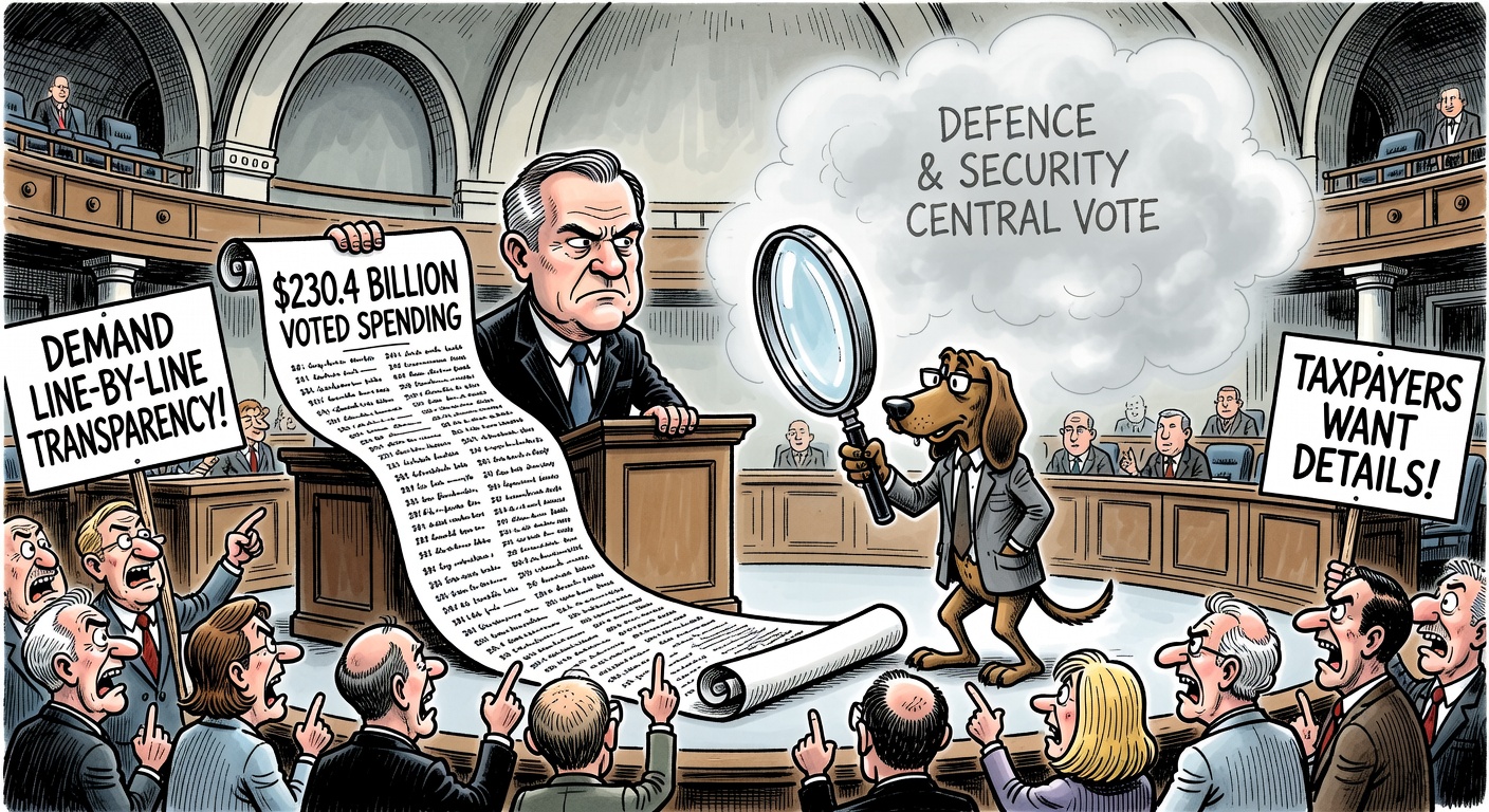 Mark Carney presenting a giant 230.4 billion dollar spending bill while the Parliamentary Budget Officer asks for line-by-line receipts